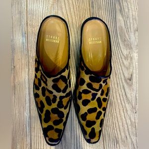 Stuart Weitzman leopard print genuine leather pointed toe heeled mules